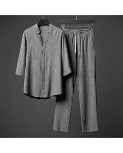 Buddha Stones 2Pcs Solid Color Texture Button Half Sleeve Shirt Pants Men's Set - Black / US/UK/AU44，EU54 (5XL)