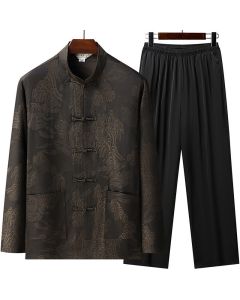 Buddha Stones 2Pcs Spring Fall Tang Style Classic Mandarin Collar Cloud Pattern Men's Meditation Cloth With Pockets - SaddleBrown / US/UK/AU36, EU46 (L)