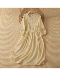 Buddha Stones 2Pcs Summer Casual Boho Solid Crew Neck Women's Elbow-Length Sleeve Dress With Pocket - PaleGoldenRod / US4, UK/AU8, EU36 (M)