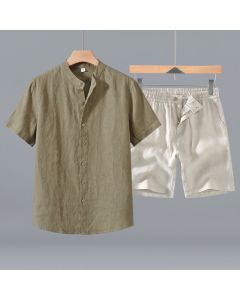 Buddha Stones 2Pcs Summer Mandarin Collar Button-Up Solid Linen Short Sleeve Shirt Shorts Men's Meditation Cloth With Pocket - DarkKhaki Shirt+Beige Shorts / US/UK/AU36，EU46 (L)
