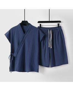 Buddha Stones 2Pcs Summer Meditation Tang Style Drawstring Solid Cotton Linen Short Sleeve Shirt Shorts Men's Meditation Cloth With Pockets - White / US/UK/AU44, EU54 (4XL)