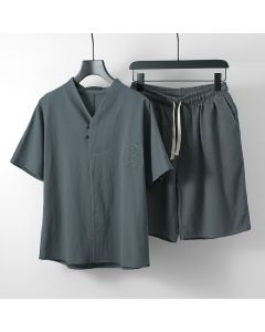 Buddha Stones 2Pcs Summer Tang Style Casual Embroidery Solid Cotton Linen Short Sleeve Shirt Shorts Men's Meditation Cloth With Pocket - DimGray / US/UK/AU36, EU46 (L)