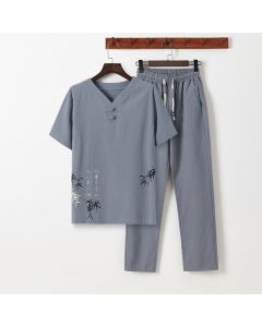 Buddha Stones 2Pcs Summer Tang Style Casual Frog Button Bamboo Print Cotton Linen Short Sleeve Shirt Pants Men's Meditation Cloth With Pockets - Gainsboro / US/UK/AU36, EU46 (L)
