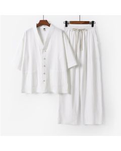 Buddha Stones 2Pcs Summer Tang Style Mandarin Collar Drawstring Solid Short Sleeve Shirt Pants Men's Meditation Cloth With Pockets - White / US/UK/AU36，EU46 (L)