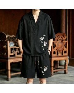 Buddha Stones 2Pcs Summer Tang Style Meditation Embroidery Crane Short Sleeve Shirt Shorts Men's Meditation Cloth With Pockets - Black Shirt+Black Shorts / US/UK/AU36，EU46 (L)
