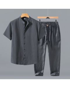 Buddha Stones 2Pcs Summer Tang Style Meditation Mandarin Collar Button-Up Solid Linen Short Sleeve Shirt Pants Men's Meditation Cloth With Pocket - Gray Shirt+Pants / US/UK/AU36，EU46 (L)