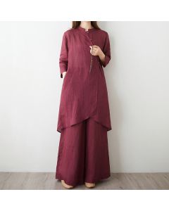 Buddha Stones 2Pcs Three Quarter Sleeve Shirt Top Pants Meditation Zen Tai Chi Cotton Linen Clothing Women's Set - IndianRed / US8-10，UK/AU12-14，EU40-42 (2XL)