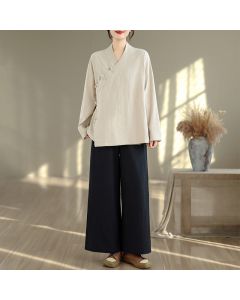 Buddha Stones 2Pcs V-Neck Long Sleeve Shirt Wide Leg Pants Zen Meditation Women's Set - Beige Shirt&Pants / US8-10，UK/AU12-14，EU40-42 (2XL)