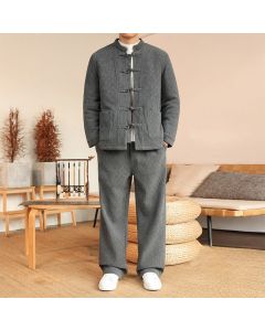 Buddha Stones 2Pcs Winter Solid Men's Tang Suit Frog-Button Cotton Long Sleeve Jacket Pants Set With Pockets - Gray / US/UK/AU36，EU46 (L)