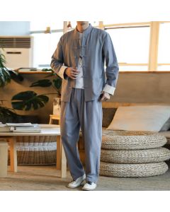Buddha Stones 2Pcs Zen Tang Suit Men's Frog-Button Long Sleeve Shirt Pants Set With Pockets - Black / US/UK/AU44，EU54 (5XL)