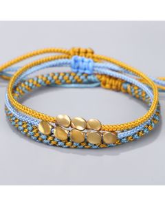 Buddha Stones 3Pcs Blue Yellow String Golden Copper Beads Healing Bracelet - String(Wrist Circumference:16-26cm)