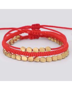 Buddha Stones 3Pcs Golden Copper Beads Red String Luck Bracelet - Red String(Wrist Circumference:16-26cm)