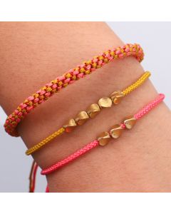 Buddha Stones 3Pcs Pink Yellow String Golden Copper Beads Wealth Bracelet - String(Wrist Circumference:16-26cm)