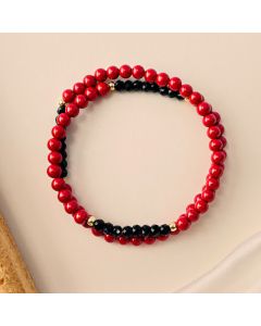 Buddha Stones 4mm Double Wrap Cinnabar Black Tourmaline Blessing Bracelet - Cinnabar(Wrist Circumference 15–16cm)