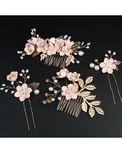 Buddha Stones 4Pcs Handmade Wedding Golden Leaf Flower Pearl Hairpin Hair Comb Set - Purple 4Pcs Set