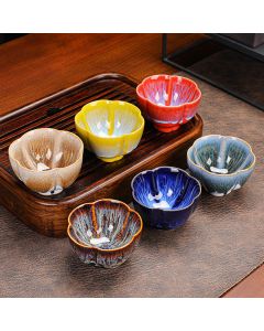 Buddha Stones 6Pcs Plum Blossom Petal Pattern Chinese Jianzhan Kiln Change Ceramic Teacup Kung Fu Tea Cup Bowl With Gift Box - 6pcs Petal Cup 9cm*5.4cm*80ml(With Blue Gift Box)