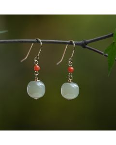 Buddha Stones 925 Sterling Silver Plated 14k Gold Hetian Jade Red Agate Luck Drop Dangle Earrings - 14K Plated Gold / Green Jade