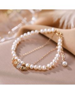 Buddha Stones 925 Sterling Silver Plated 14k Gold Natural Pearl Crystal Healing Double Layer Bracelet - Pearl(Healing♥Wisdom)