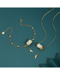 Buddha Stones 925 Sterling Silver 22K Gold Hetian White Jade Bamboo Leaf Luck Necklace Pendant Bracelet - 925 Sterling Silver / Bracelet