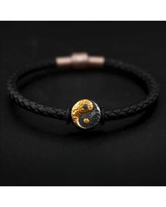 Buddha Stones 925 Sterling Silver 999 Gold Yin Yang Bagua Symbol Balance Leather Bracelet - 20cm