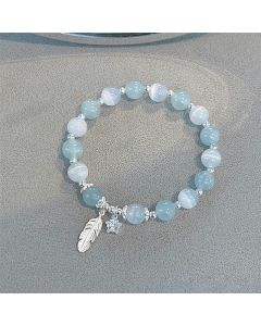 Buddha Stones 925 Sterling Silver Aquamarine Cat's Eye Healing Feather Star Charm Bracelet - 925 Sterling Silver Aquamarine&Cat's Eye(Wrist Circumference 14-16cm)