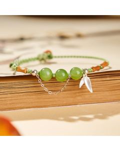 Buddha Stones 925 Sterling Silver Bamboo Leaves Hetian Jade Chalcedony Beads Blessing Braided Bracelet - Chalcedony(Wrist Circumference: 16-17cm)