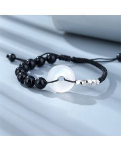 Buddha Stones 925 Sterling Silver Black Obsidian Agate Peace Buckle Strength Bracelet - Black Obsidian