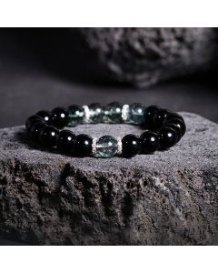 Buddha Stones 925 Sterling Silver Black Obsidian Green Phantom Strength Bracelet - Black Obsidian(Wrist Circumference: 14-16cm)