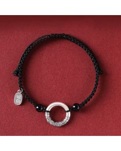 Buddha Stones 925 Sterling Silver Black Onyx Peace Buckle Fu Character Charm Bracelet - Peace Buckle&Silver Beads Peace And Joy Charm(Wrist Circumference 14-26cm)