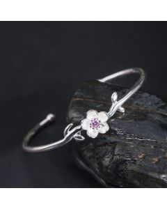 Buddha Stones 925 Sterling Silver Cherry Blossom Luck Bracelet Bangle - 925 Sterling Silver Cherry Blossom (Wrist Circumference: 15-19cm)