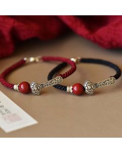 Buddha Stones 925 Sterling Silver Cinnabar Blessing String Bracelet - Black(Bracelet Size 15-16cm)