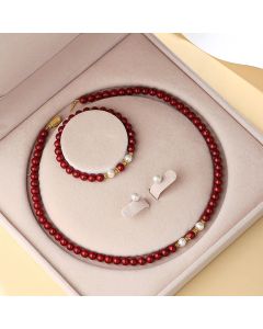 Buddha Stones 925 Sterling Silver Natural Cinnabar Pearl Blessing Necklace Pendant Bracelet Earrings Jewelry Set - 3Pcs(Necklace&Bracelet&Earrings)