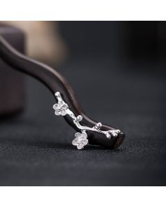 Buddha Stones 925 Sterling Silver Classical Chinese Style Ebony Plum Blossom Blessing Hairpin - Plum Blossom Ebony Hairpin