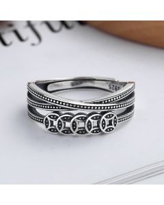 Buddha Stones 925 Sterling Silver Copper Coins Wealth Blessing Adjustable Ring - 925 Sterling Silver(Adjustable)