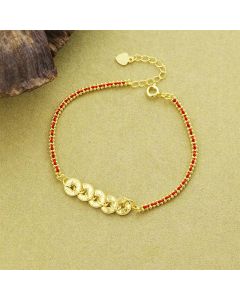 Buddha Stones 925 Sterling Silver Five-Emperor Coins Red String Balance Bracelet - 925 Sterling Silver(Wrist Circumference: 14-18cm)