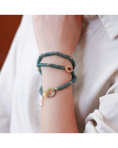 Buddha Stones 925 Sterling Silver Gold Plated Cyan Jade Flower Peace Buckle Success Triple Wrap Bracelet - Cyan Jade(Success♥Healing)