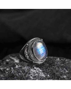 Buddha Stones 925 Sterling Silver Handmade Natural Moonstone Healing Adjustable Ring - Style Three US5-US15(Adjustable)