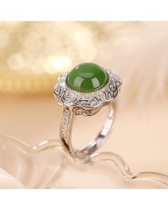 Buddha Stones 925 Sterling Silver Hetian Cyan Jade Flower Design Luck Adjustable Ring - Hetian Cyan Jade(Success♥Healing)