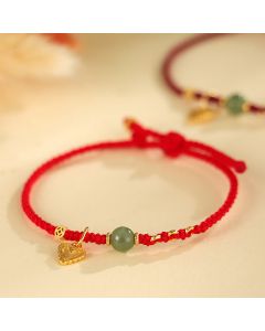 Buddha Stones 925 Sterling Silver Hetian Jade Bead Copper Coin Love Heart Charm Luck Bracelet - Dark Red Rope(Wrist Circumference: 14-16cm)