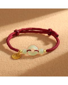 Buddha Stones 925 Sterling Silver Hetian Jade Peace Buckle Fu Character Charm Abundance Bracelet - Black Rope(Wrist Circumference 14-16cm)