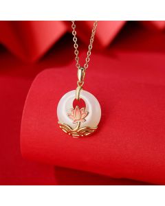 Buddha Stones 925 Sterling Silver Hetian White Jade Lotus Flower Blessing Necklace Pendant - Hetian White Jade(Protection♥Happiness)