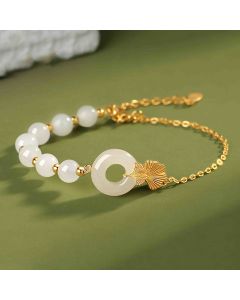 Buddha Stones 925 Sterling Silver Hetian White Jade Peace Buckle Ginkgo Leaf Luck Bracelet - Hetian White Jade(Protection♥Blessing)