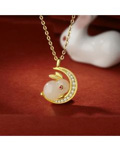 Buddha Stones 925 Sterling Silver Hetian White Jade Rabbit Crescent Moon Luck Necklace Pendant - Hetian White Jade(Protection♥Happiness)