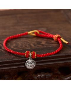 Buddha Stones 925 Sterling Silver Kitten Eating Fish Round Pendant Prosperity Red Black String Braided Bracelet - Black(Wrist Circumference 14–18cm)