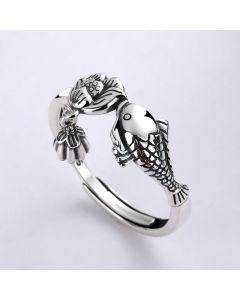 Buddha Stones 925 Sterling Silver Koi Fish Lotus Flower Success Ring - Koi Fish Lotus(Adjustable)