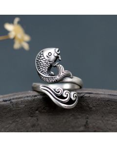 Buddha Stones 925 Sterling Silver Koi Fish Water Ripple Luck Wealth Ring - Koi Fish(Luck♥Prosperity)