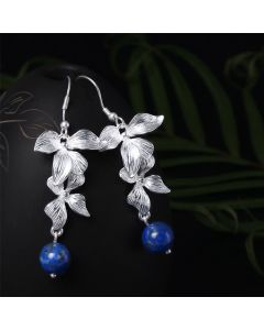 Buddha Stones 925 Sterling Silver Lazurite Lapis Lazuli Ethnic Style Flower Positive Drop Earrings - 925 Sterling Silver