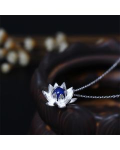Buddha Stones 925 Sterling Silver Lazurite Lapis Lazuli Lotus Flower Self Care Necklace Pendant - 925 Sterling Silver&Lazurite