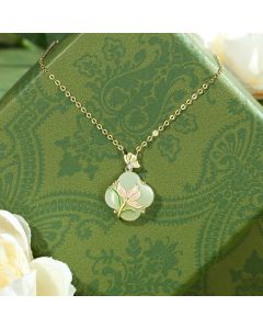 Buddha Stones 925 Sterling Silver Magnolia Butterfly Hetian Jade Four Leaf Clover Blessing Earrings Necklace Pendant - Hetian Jade Earrings / 925 Sterling Silver Plated Rose Gold