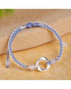 Buddha Stones 925 Sterling Silver Mobius White Agate Bead Braided String Protection Bracelet - 925 Sterling Silver Black String(Wrist Circumference: 15-18cm)